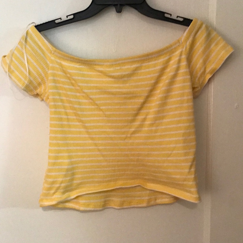 white and yellow striped off the shoulders top